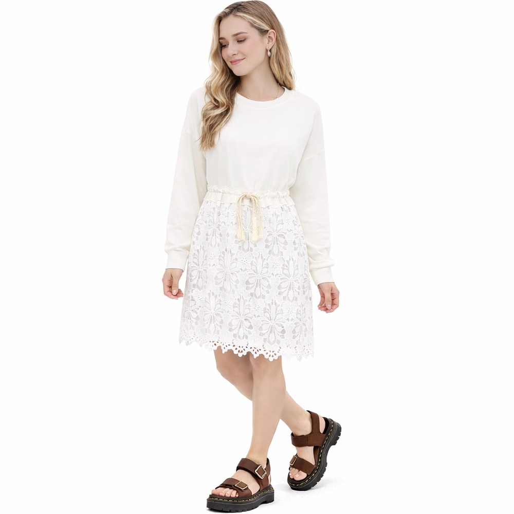 See By Chloe Shirt Dress XS Cream White Jersey Knit Lace Drawstring Long Sleeve